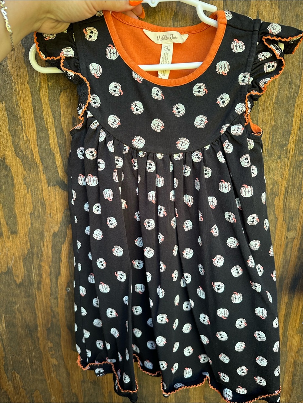 Matilda Jane Black Dress with White Pumpkin Print and Orange Trim